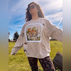 Upcycled Beige Frog and Toad Graphic Sweatshirt